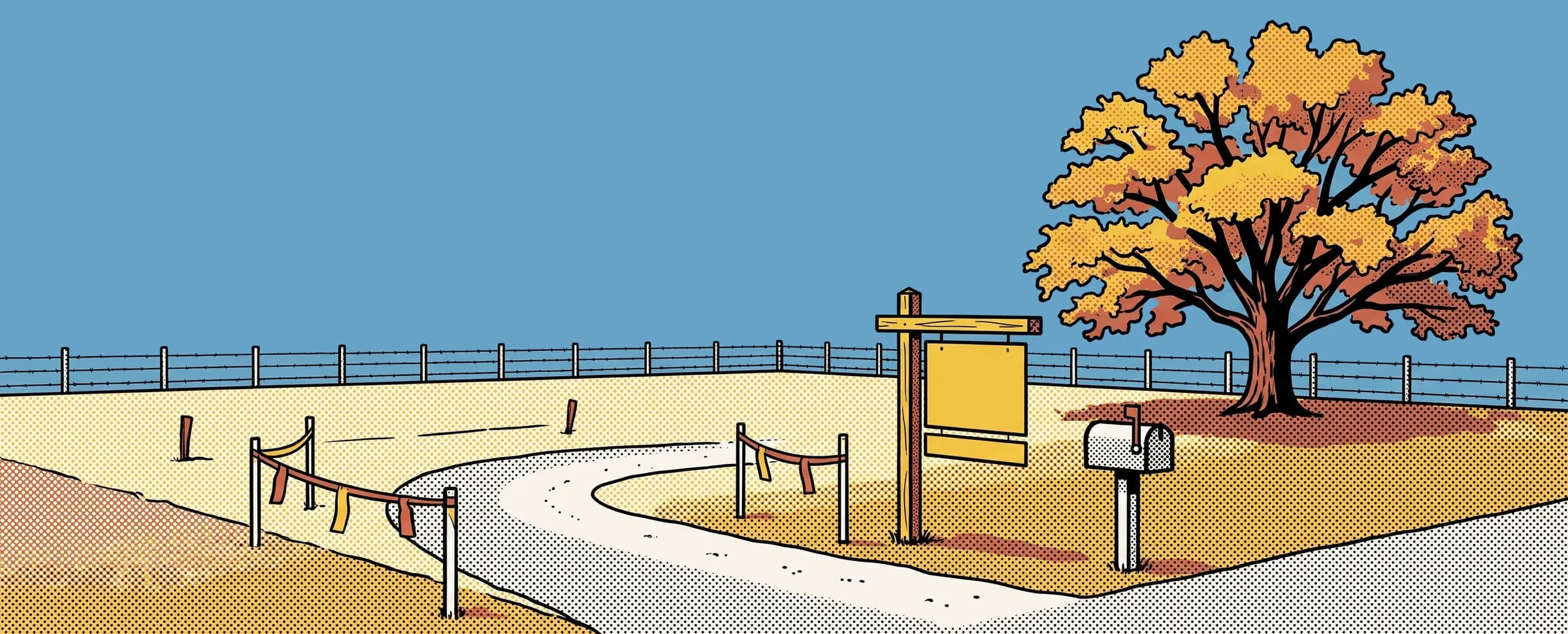 Illustration of an empty lot with survey stakes, a sign post and a live oak