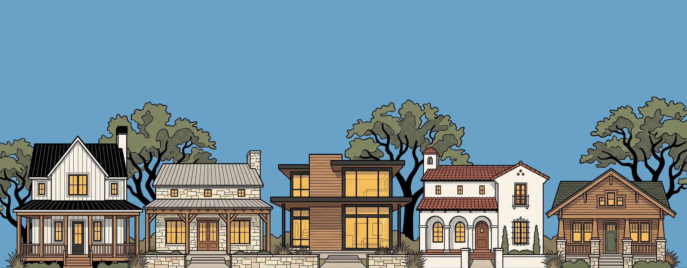 Illustration of a street of five homes: a modern farmhouse, a Hill Country limestone home, a contemporary cedar and glass home, a Spanish revival home and a craftsman bungalow
