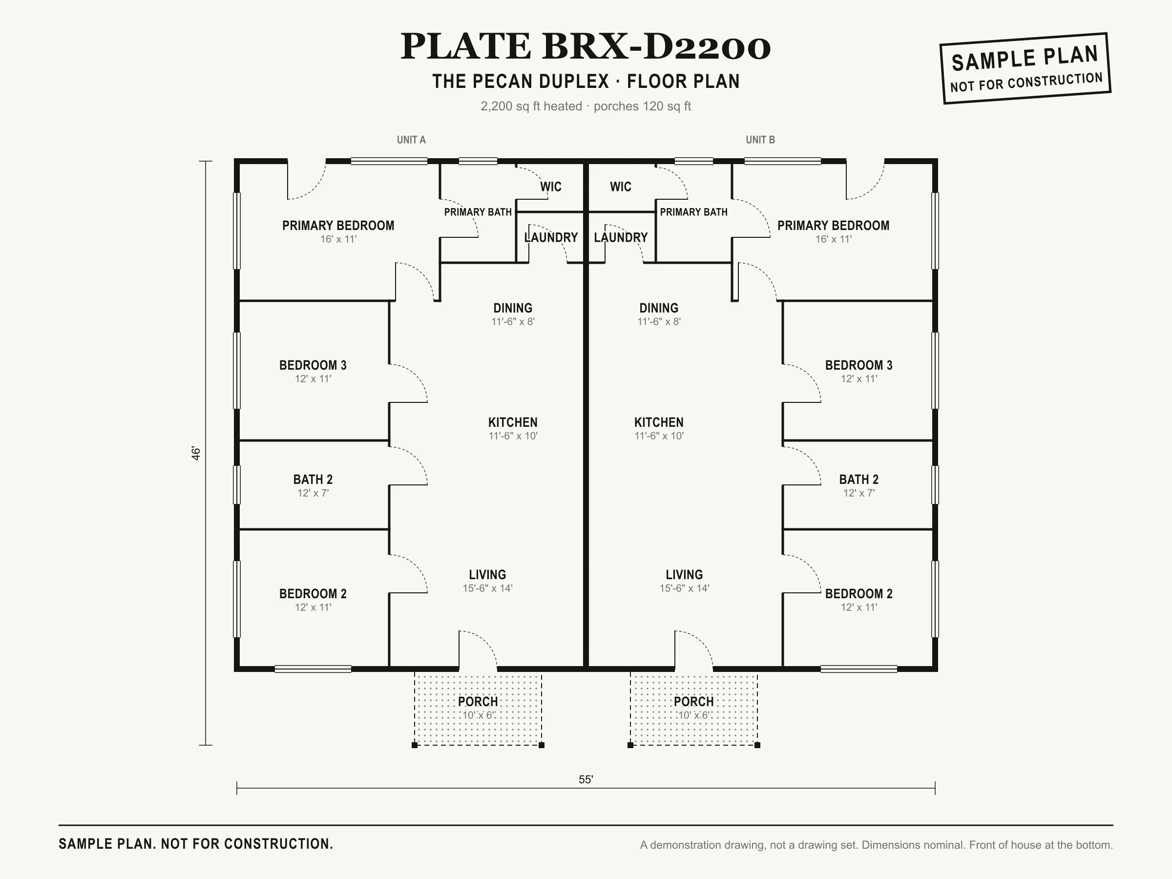 The Pecan Duplex sample floor plan, level 1