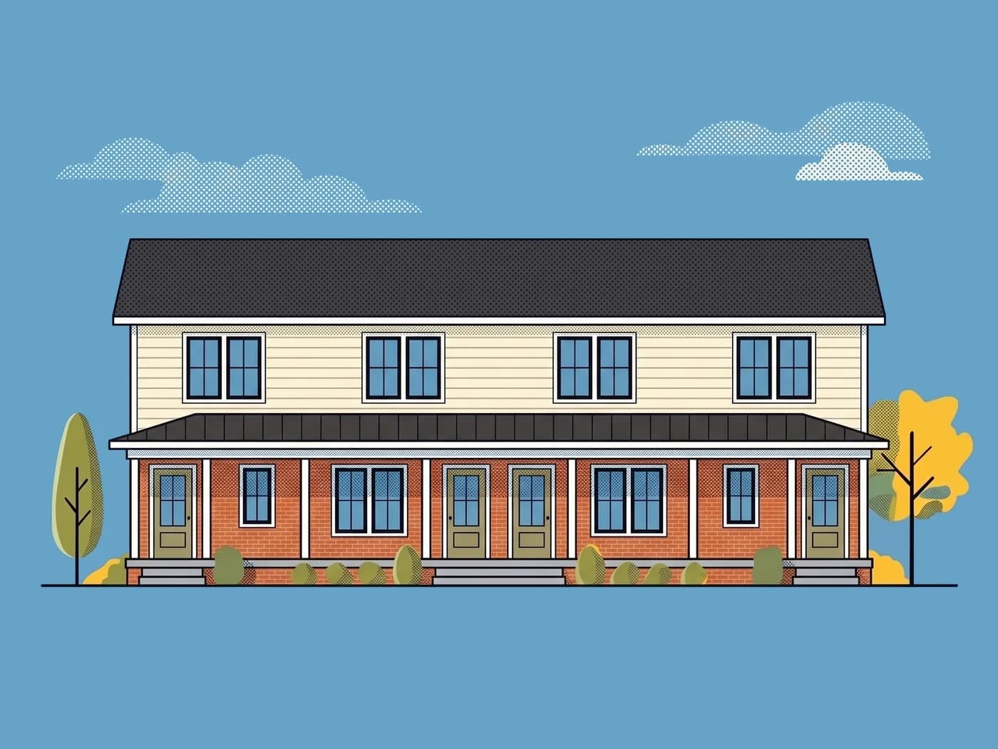 Illustrative front elevation of The Cedar Court Fourplex, plan BRX-F3600