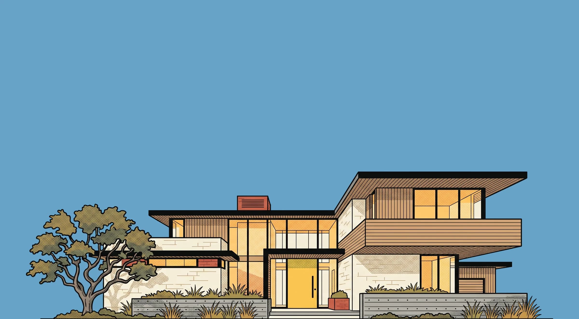 Illustration of concept BRX-4128, The Live Oak: a contemporary limestone and cedar home with a wall of glass and a yellow front door