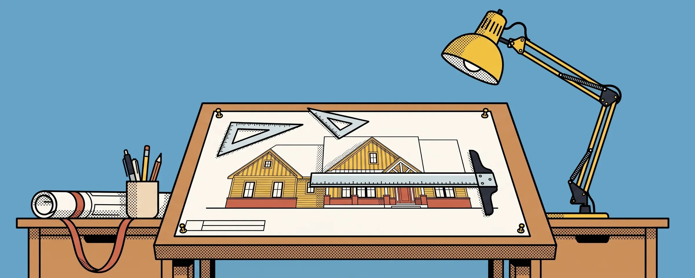 Illustration of a drafting table with a house elevation pinned to it