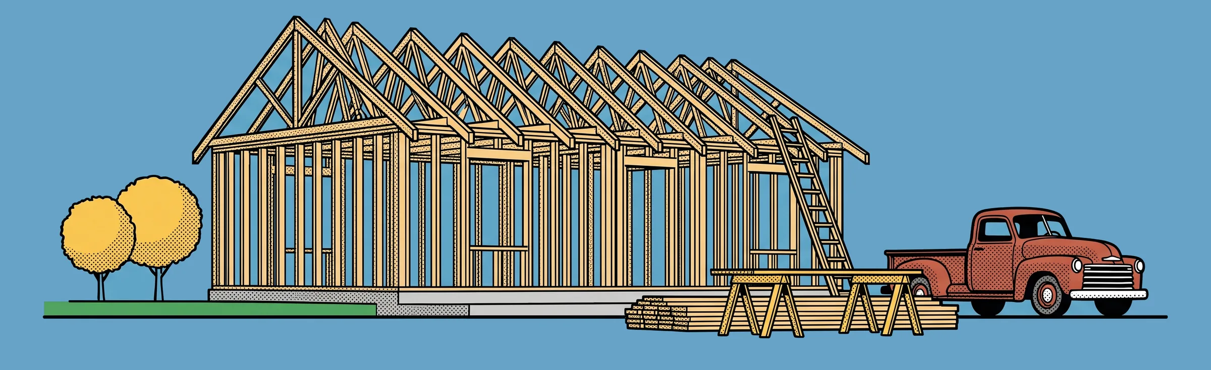 Illustration of a house being framed, with a pickup truck parked beside it